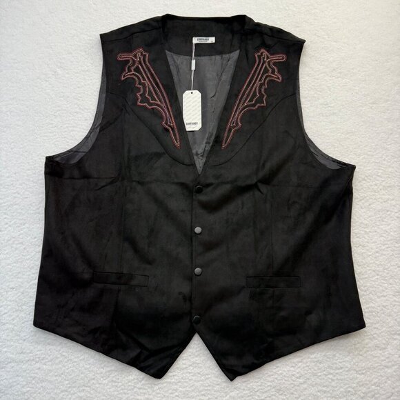 COOFANDY Faux Suede Vest Embroidered Snap Front Western Black Mens 2XL XXL NWT - Picture 2 of 12